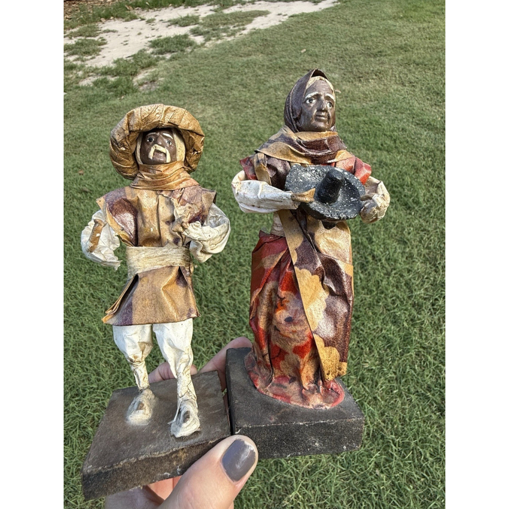 Vintage Mexican Folk Art Paper Mache Old Woman & Man Figures Handmade 7”